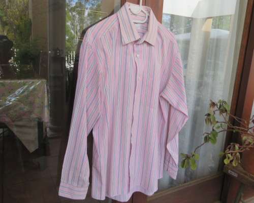 Men`s high quality fine cotton CARDUCCI long sleeve shirt.Vertical striped in dull pink/navy.beige.