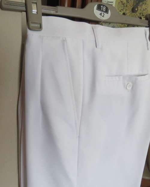 Handsome men`s white trousers by LION KNIGHT size 34 in cotton/terylene and silk.Pleated front.