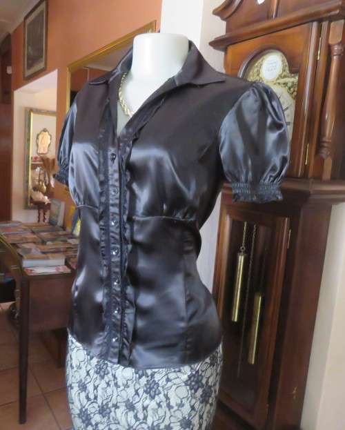 As new black shiny/stretch satin/polyester button down top.V and collar.Empire front.OASIS 34