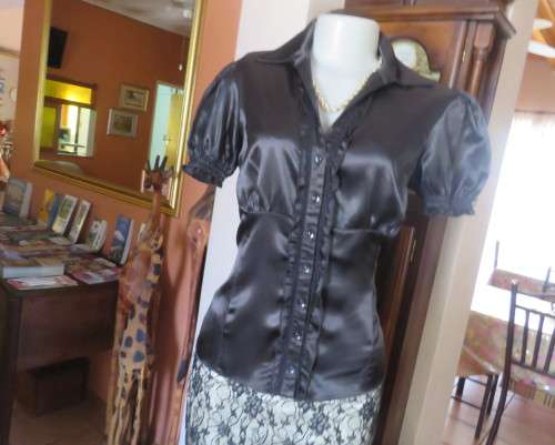 As new black shiny/stretch satin/polyester button down top.V and collar.Empire front.OASIS 34