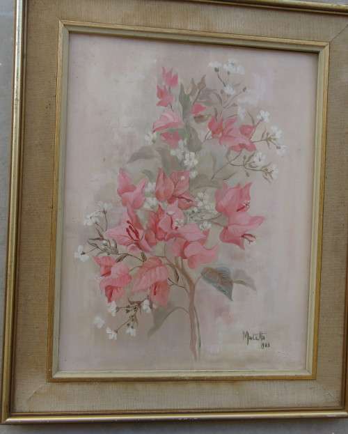 Set of 2 original paintings by Matetta 1983. Actual painting 28cm x 37cm. Pink flowers.Very good con