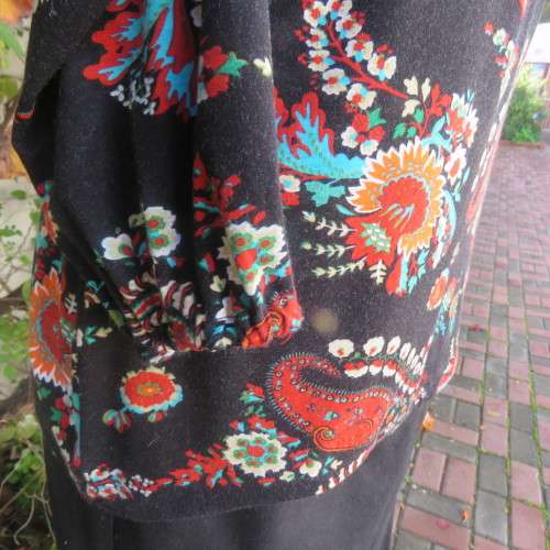 Soft black viscose stretch with paisley and floral pattern in brick/jade/cream.Size 36 by WOOLWORTHS
