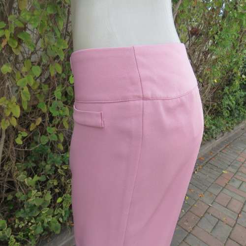 Dusty pink straight legged dress pants in rich polyester blends. Some stretch. Size 34/10. As new.
