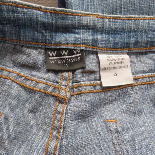 Straight legged blue ankle length jeans by WWW size 34/10. Very little stretch. Pockets back/front..