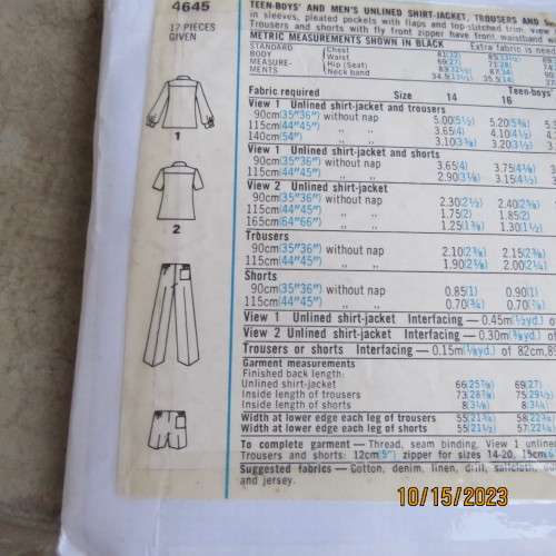STYLE sewing pattern for men`s unlined shirt-jacket/trousers/shorts. Sizes 36 to 42. Good condition