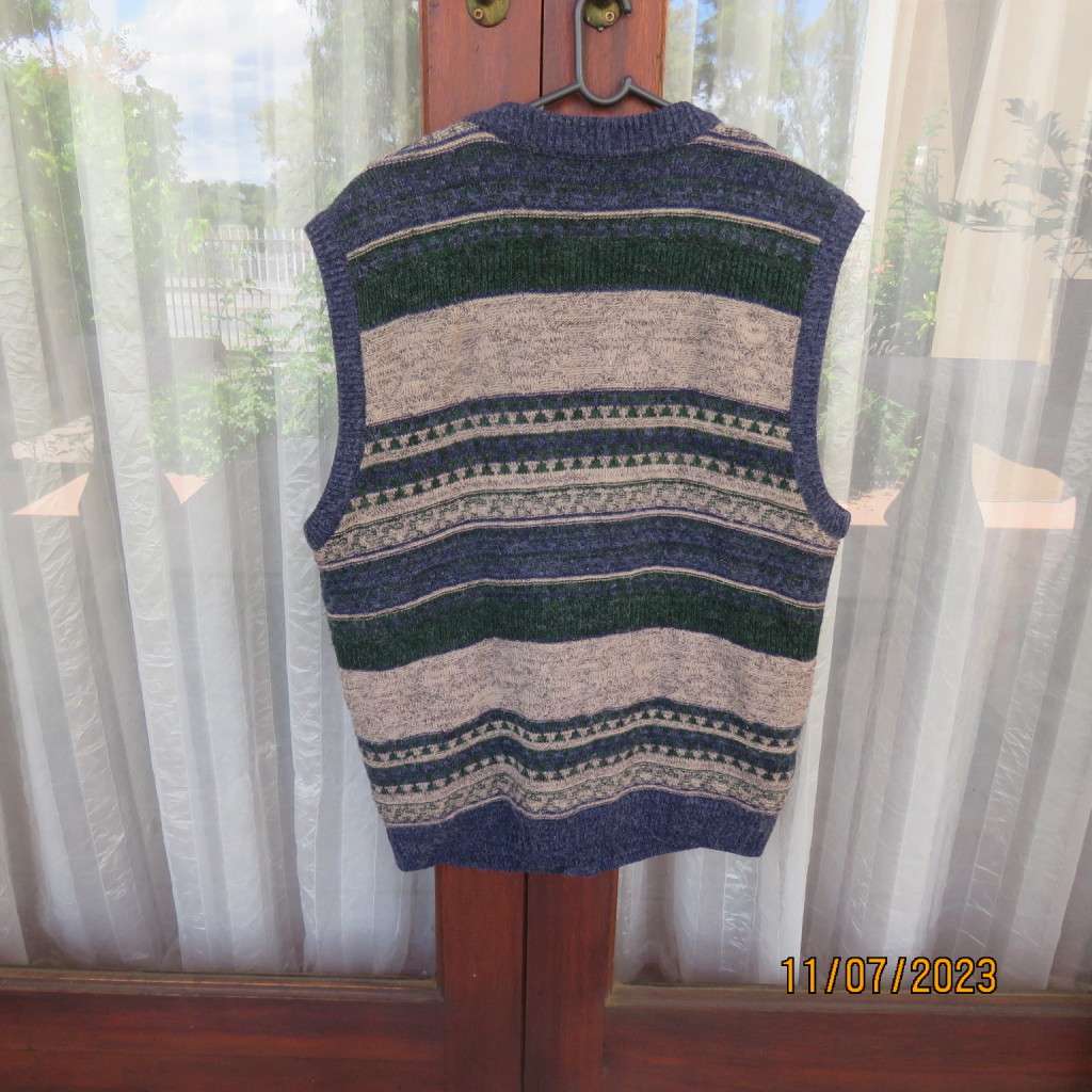 Handsome Men`s acrylic knit fair aisle waistcoat. Blue/green/grey. 5 button closure. Size M by WOOLW