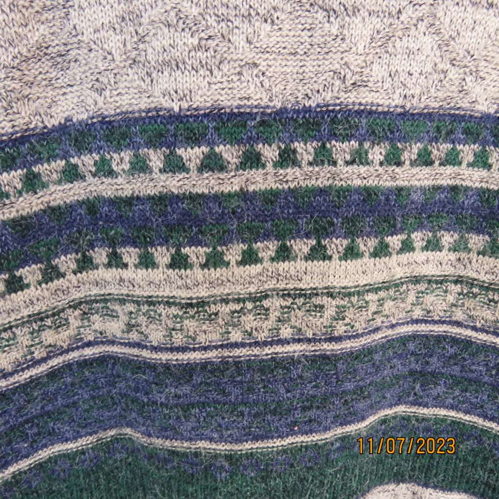 Handsome Men`s acrylic knit fair aisle waistcoat. Blue/green/grey. 5 button closure. Size M by WOOLW