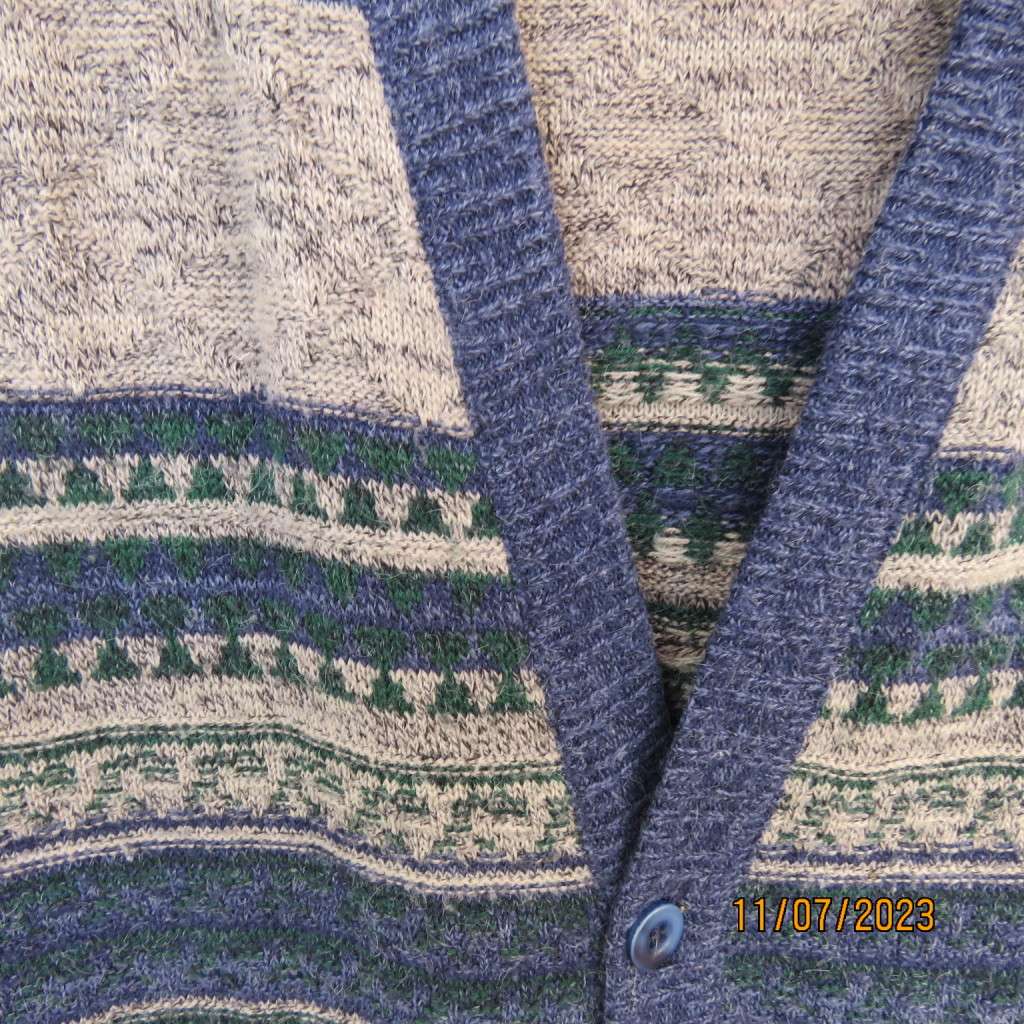Handsome Men`s acrylic knit fair aisle waistcoat. Blue/green/grey. 5 button closure. Size M by WOOLW