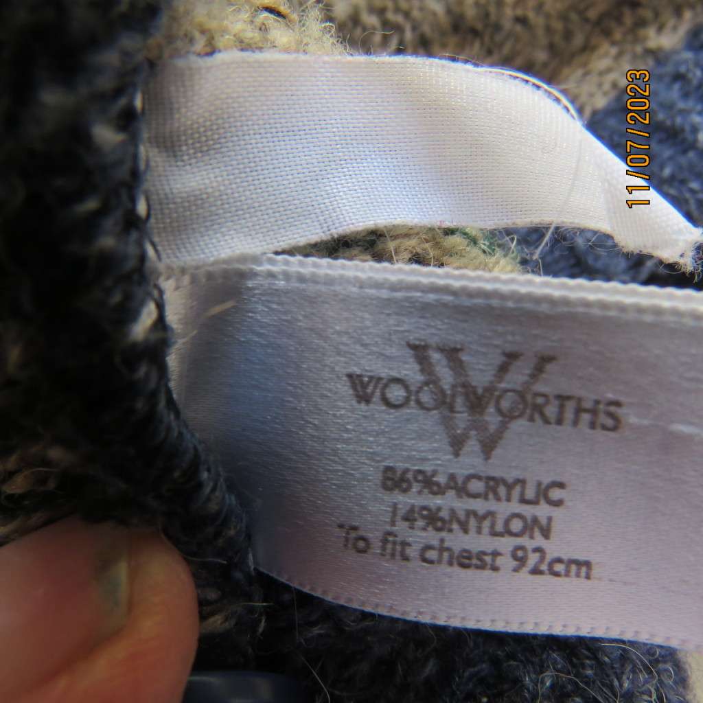 Handsome Men`s acrylic knit fair aisle waistcoat. Blue/green/grey. 5 button closure. Size M by WOOLW