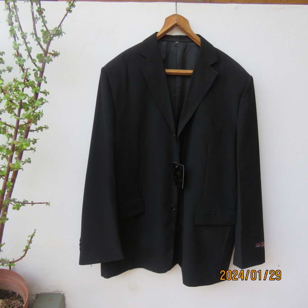 Very black handsome men`s jacket with 3 button closure. By RFG Clothing size 44-46. Not used.