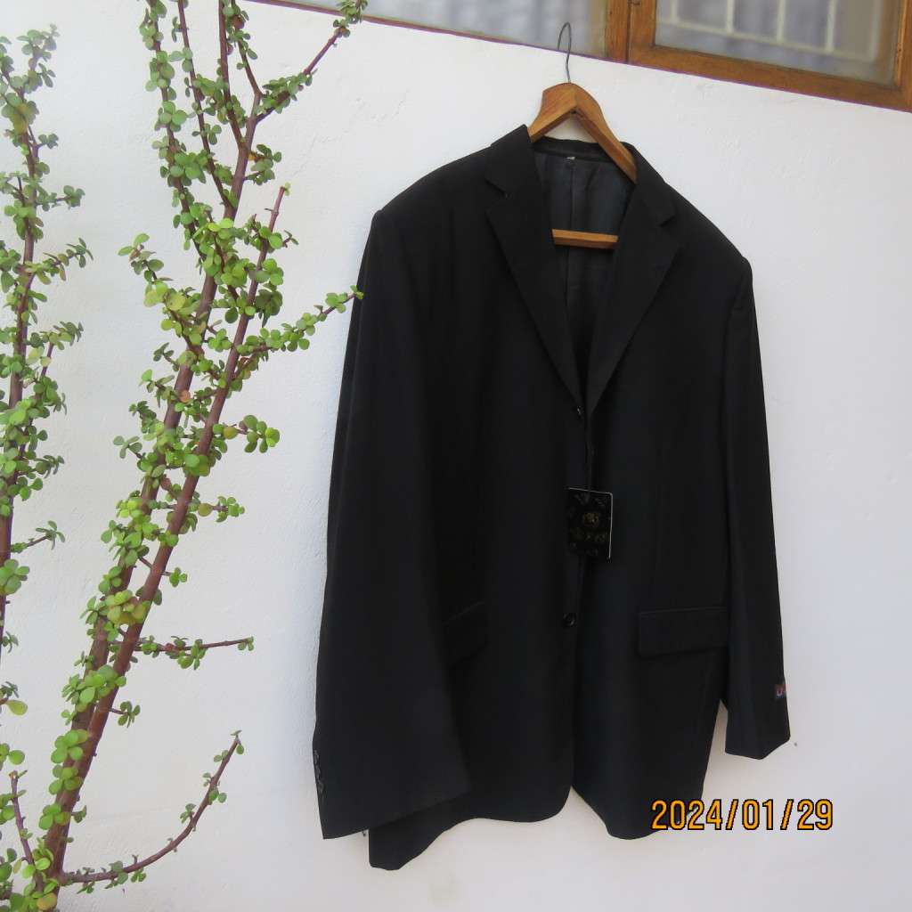 Very black handsome men`s jacket with 3 button closure. By RFG Clothing size 44-46. Not used.