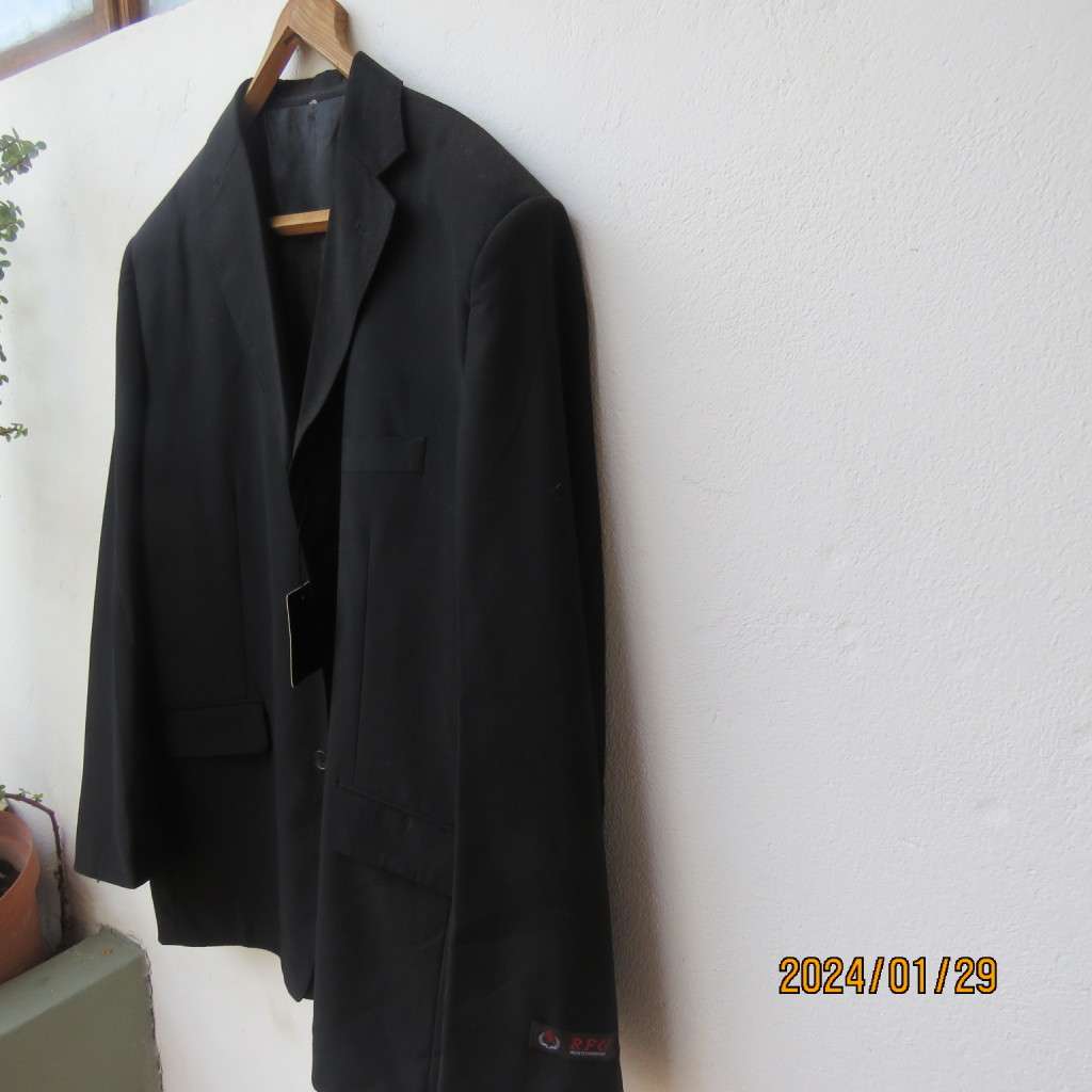 Very black handsome men`s jacket with 3 button closure. By RFG Clothing size 44-46. Not used.