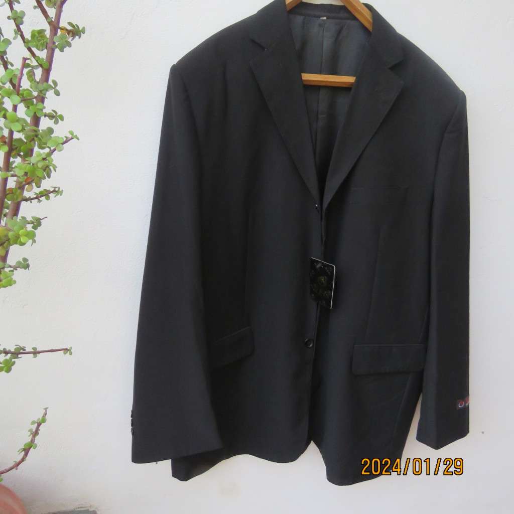 Very black handsome men`s jacket with 3 button closure. By RFG Clothing size 44-46. Not used.