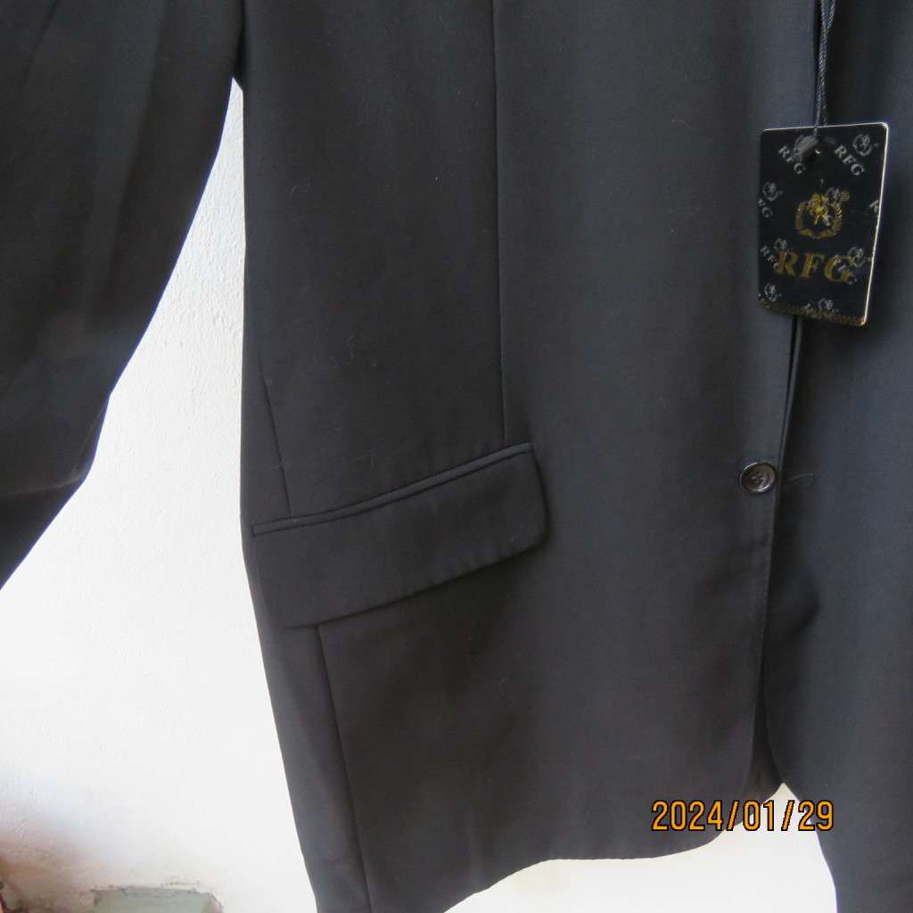 Very black handsome men`s jacket with 3 button closure. By RFG Clothing size 44-46. Not used.