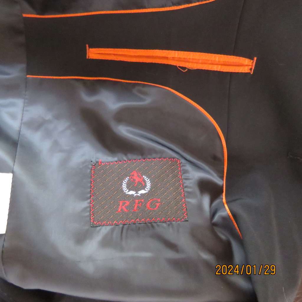 Very black handsome men`s jacket with 3 button closure. By RFG Clothing size 44-46. Not used.