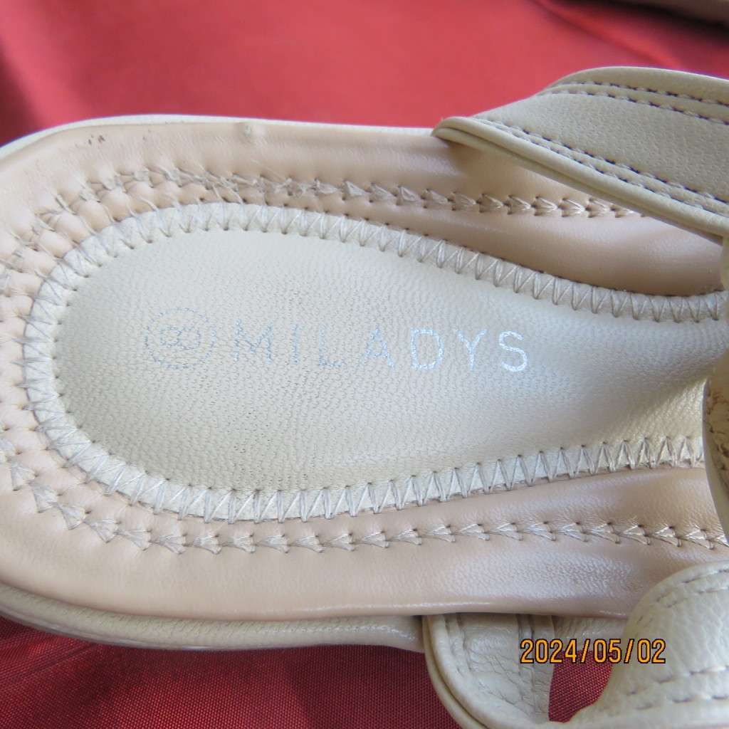 As new pair beige sandals. Stretch heel band and floral bands over foot.Size 8 by MILADYS.Soft inner