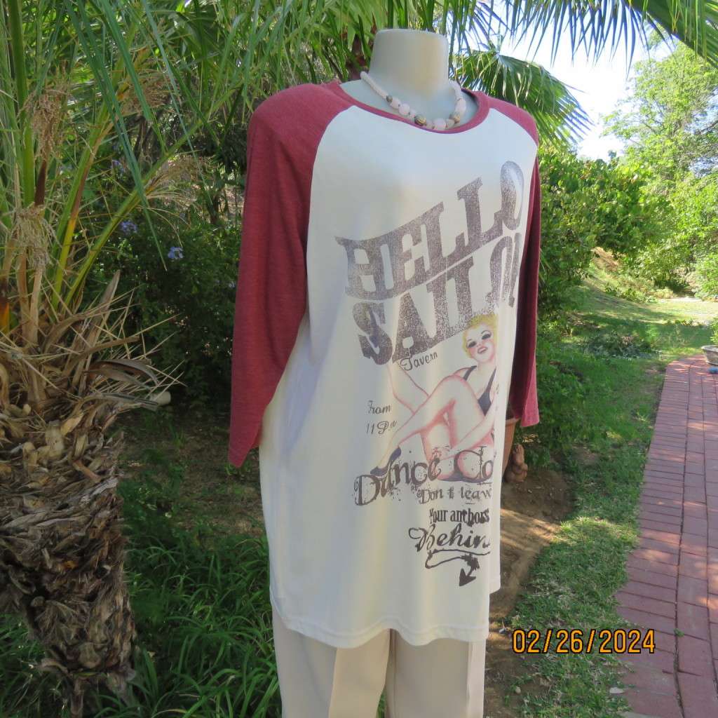 Totally off duty long maroon sleeve/rich cream body T-Shirt. Logo & picture front.Size 42 by WOOLIES