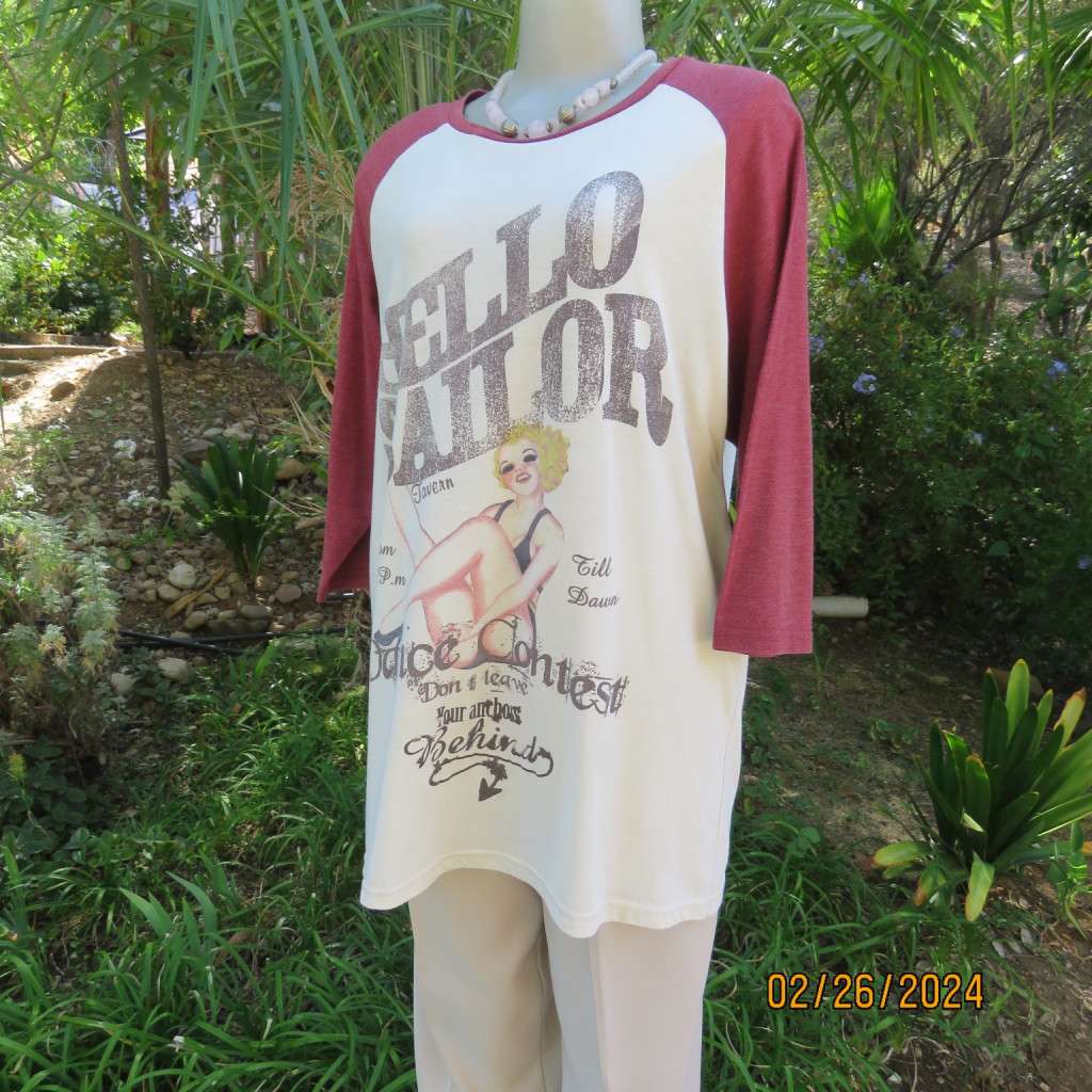Totally off duty long maroon sleeve/rich cream body T-Shirt. Logo & picture front.Size 42 by WOOLIES