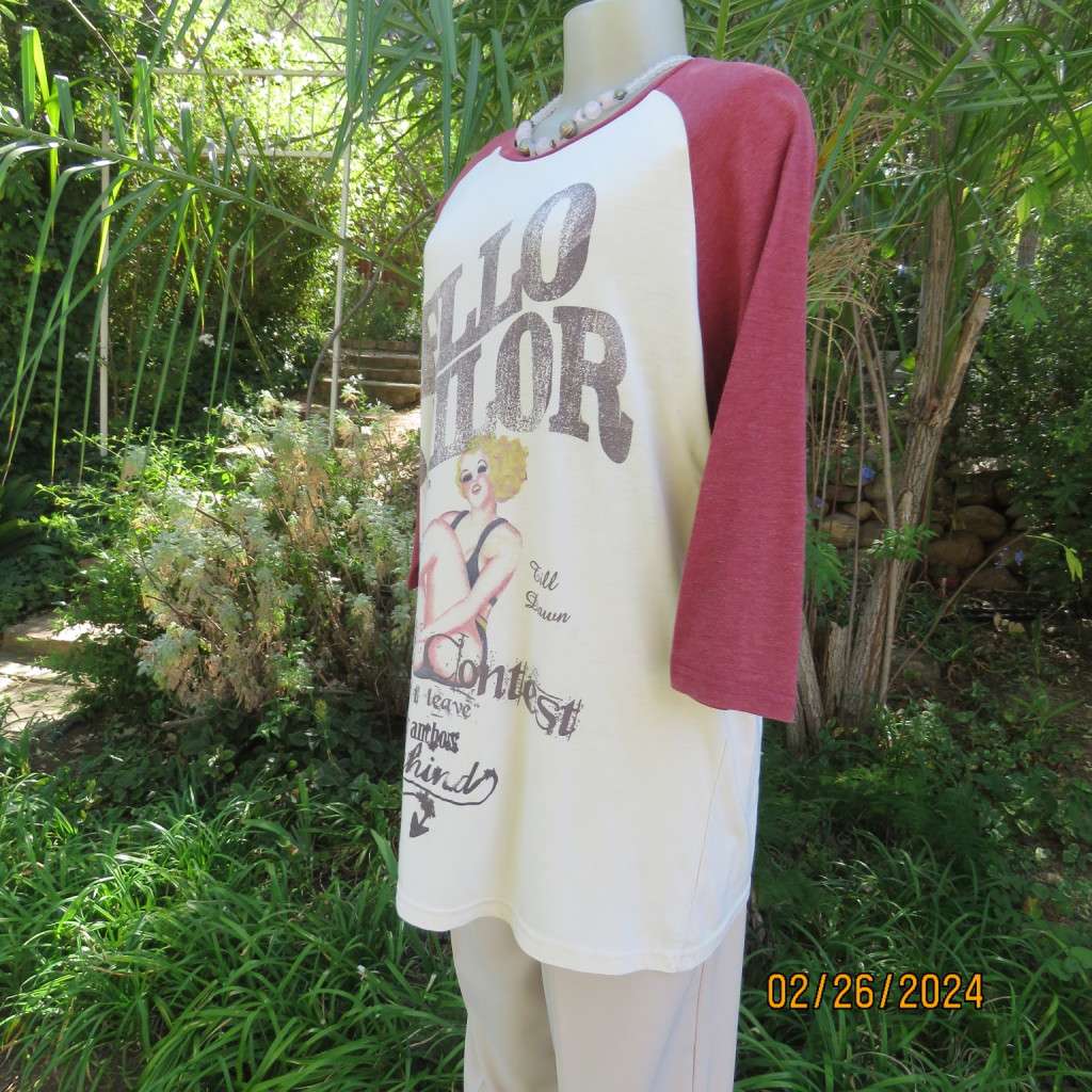 Totally off duty long maroon sleeve/rich cream body T-Shirt. Logo & picture front.Size 42 by WOOLIES