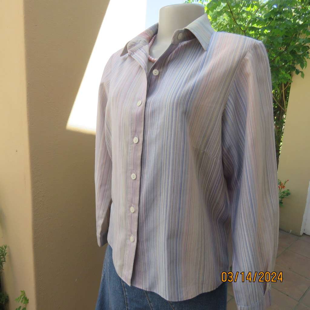 Pretty casual long sleeve shirt in different soft colour vertical stripes. Size 40. Boutique made.