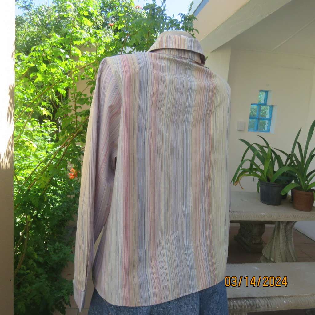 Pretty casual long sleeve shirt in different soft colour vertical stripes. Size 40. Boutique made.