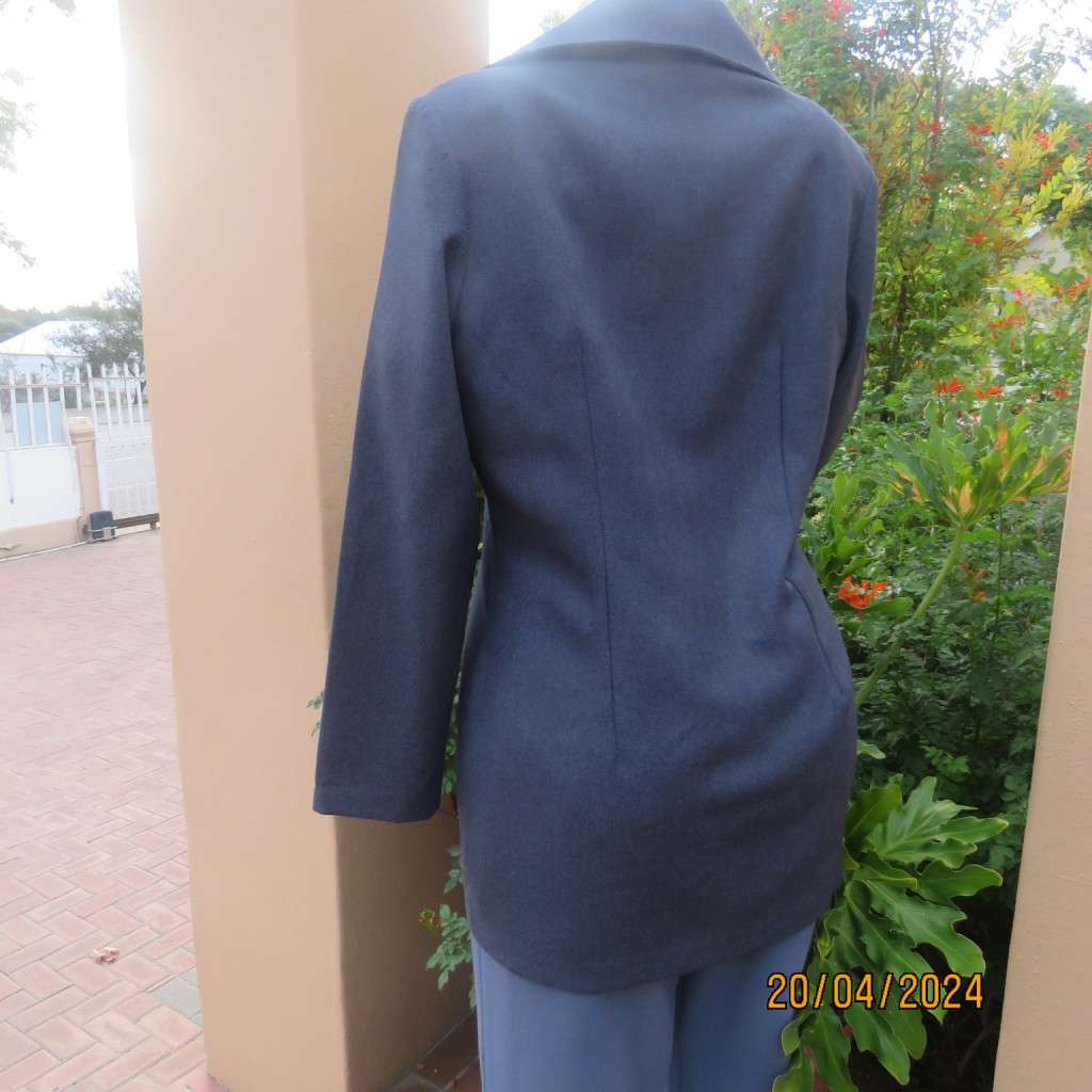 Elegant tailored steel blue/stripe pattern long sleeve jacket. By SMILEYS. Size 36. Brand new cond.