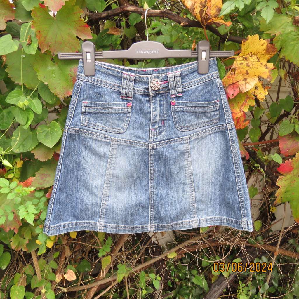 Sweet little blue denim jean a-line skirt for girl 9 to 10 yrs old. Polycotton stretch Front pockets