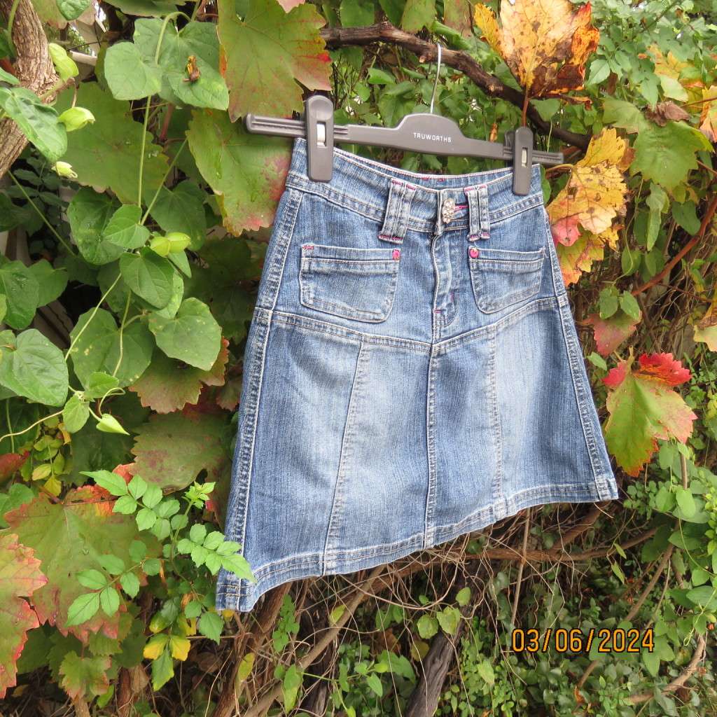 Sweet little blue denim jean a-line skirt for girl 9 to 10 yrs old. Polycotton stretch Front pockets