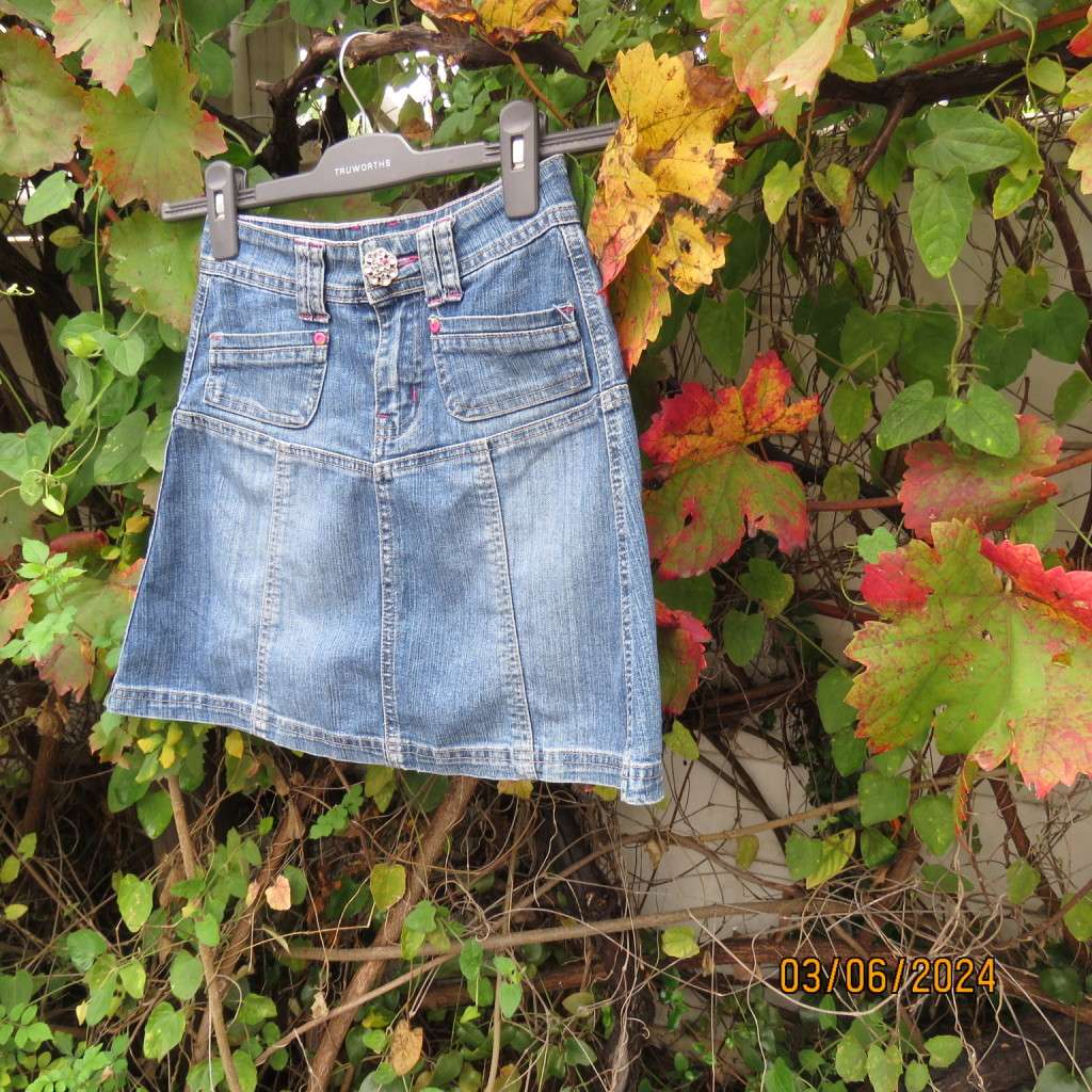 Sweet little blue denim jean a-line skirt for girl 9 to 10 yrs old. Polycotton stretch Front pockets