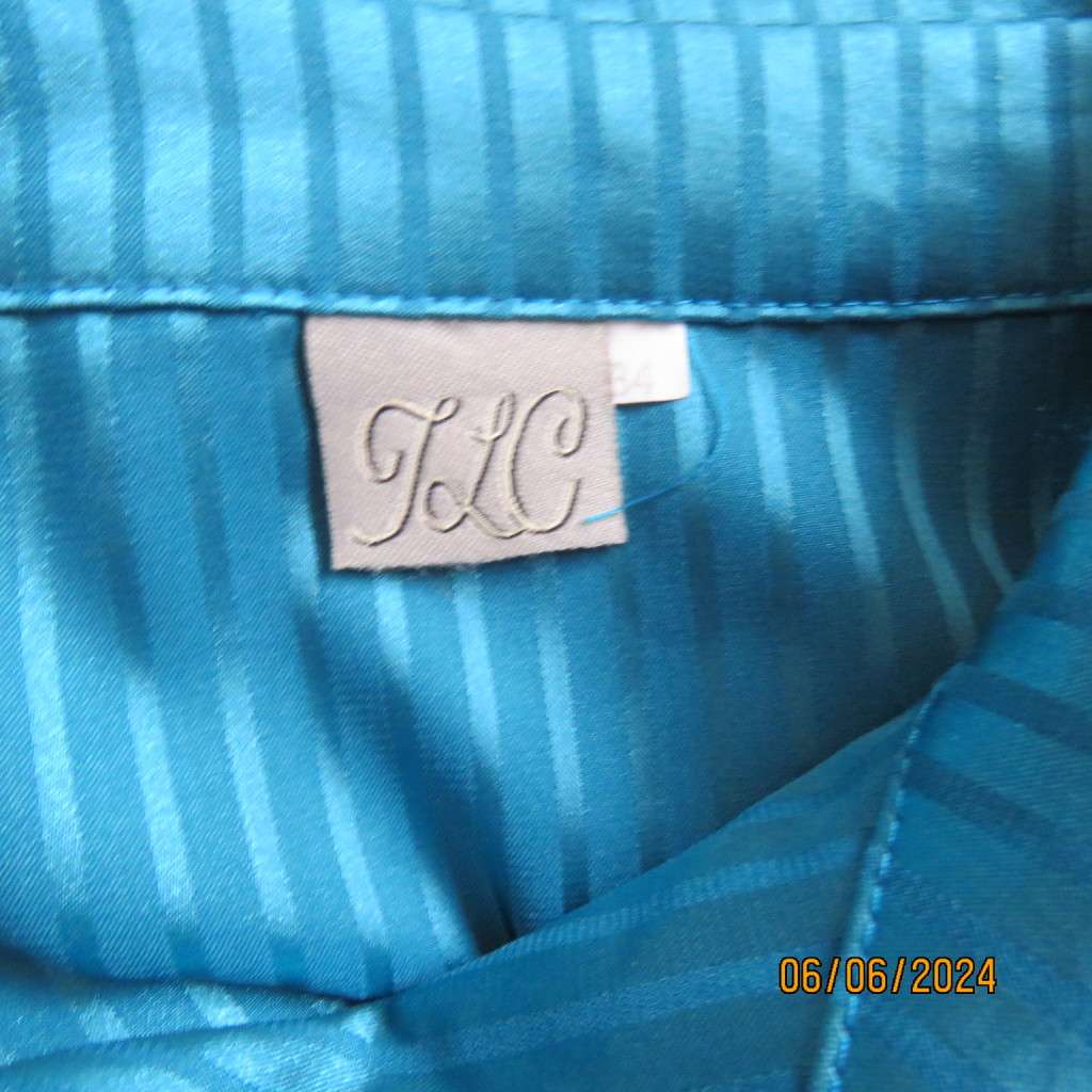 Luxury satin polyester jade long sleeve button down top/open collar. By TLC size 34. Brand new cond.