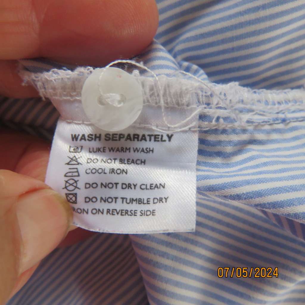 Smart casual blue/white embossed vertical striped polycotton top. By COLLINS Australia. size 44.