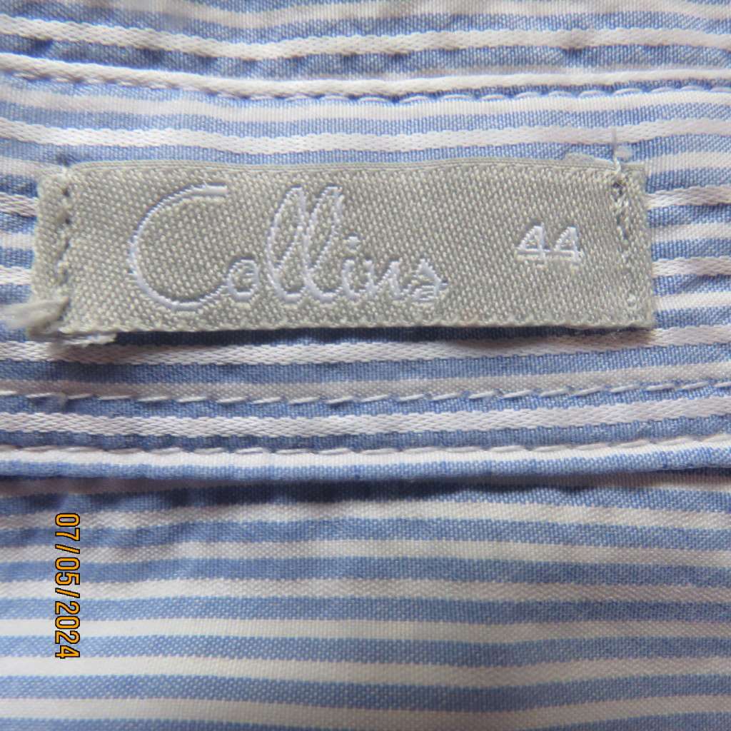 Smart casual blue/white embossed vertical striped polycotton top. By COLLINS Australia. size 44.