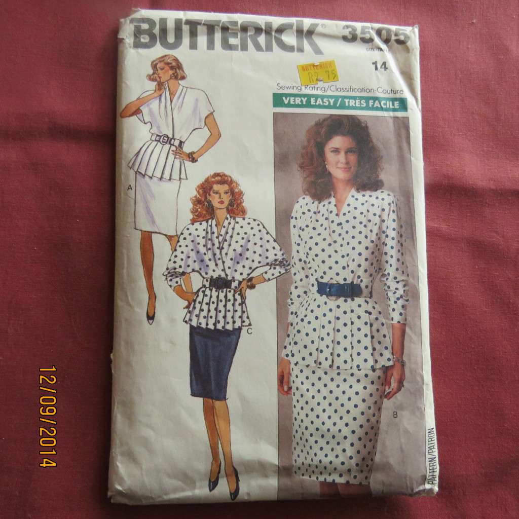 Sewing pattern for easy but stunning 2 pc outfit sizes 32 to 42. By BUTTERICK 3505. Good cond