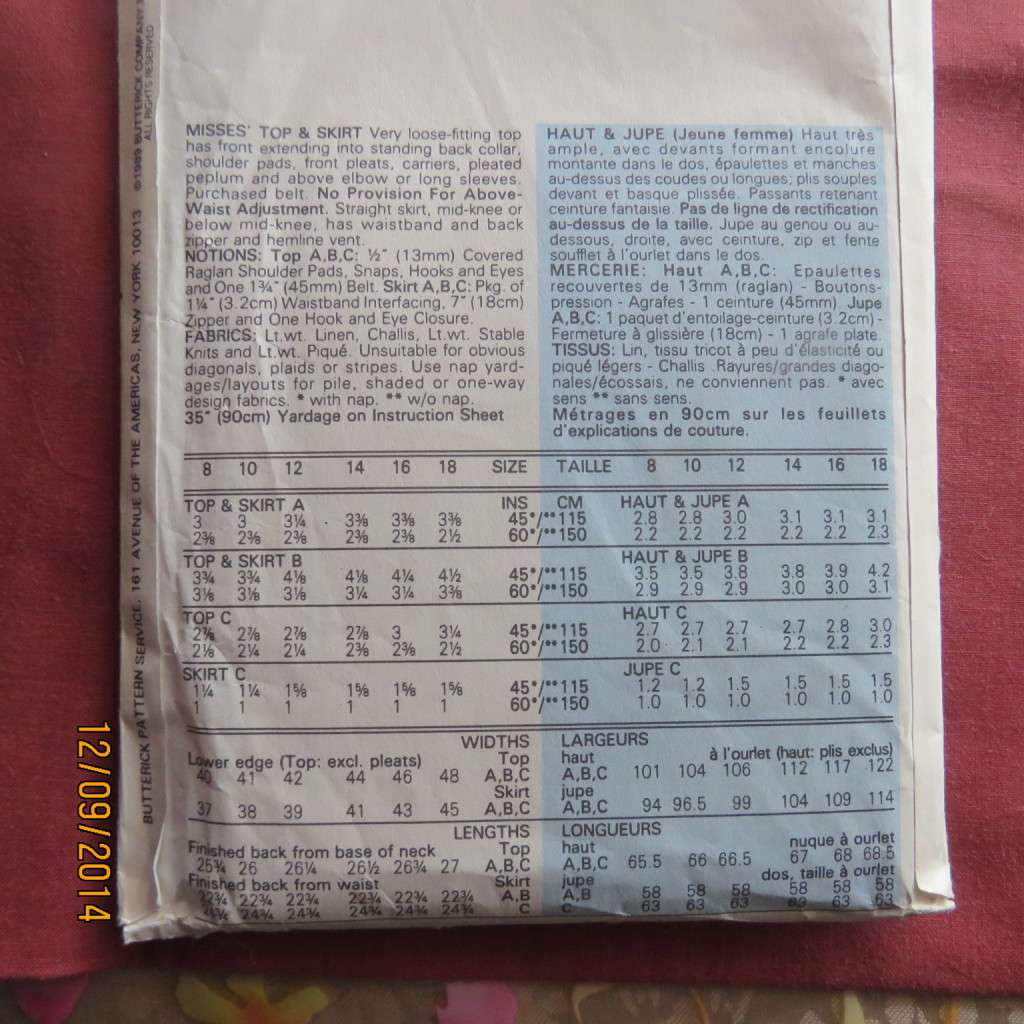 Sewing pattern for easy but stunning 2 pc outfit sizes 32 to 42. By BUTTERICK 3505. Good cond