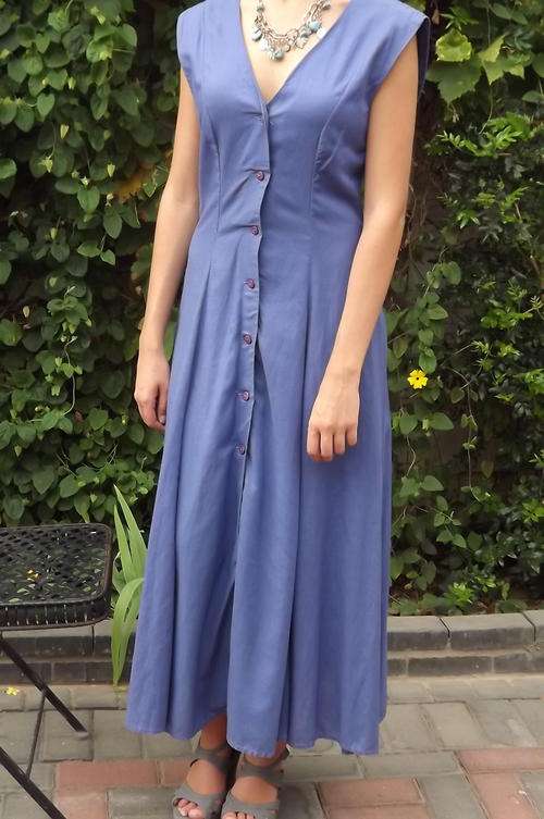 Long Cobalt Blue Sleeveless Button Down Cotton Dress