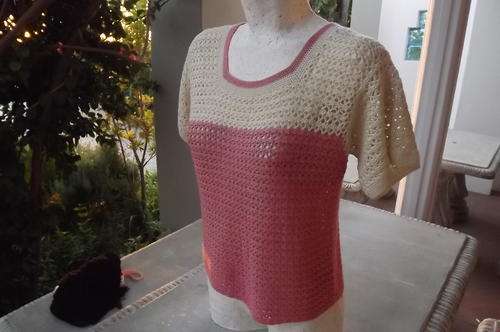 Beige & Peach short sleeved handmade crocheted top - about 40 years old