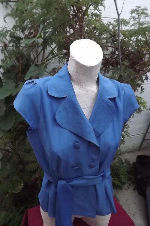 Shiny Blue Rayon Double Breasted Top - petite size 34