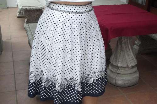 Navy Blue & White Polka-Dot Knee Length Lined Pleated Skirt