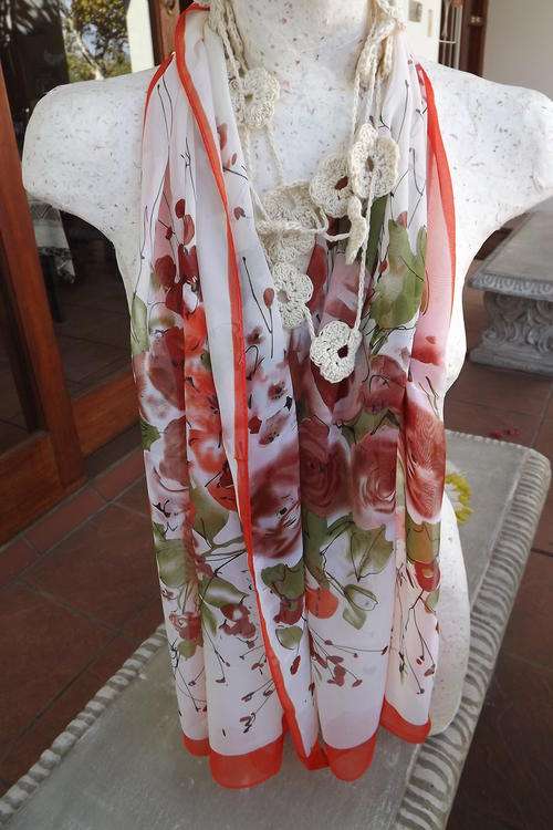 Silky Scarf in Beige with Orange & Green Floral Design - 150x52cm