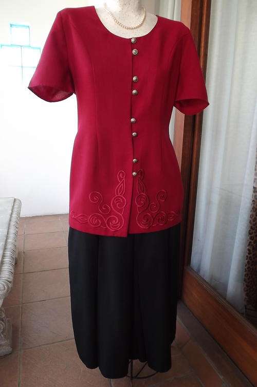 Cherry Red Linen Look Short Sleeved Long Jacket with Beautiful Embroidery in size 10/34