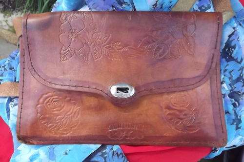 Genuine Leather Sling Bag with Adjustable Strap - 19x28cm-from Swaziland, craftwork on outside