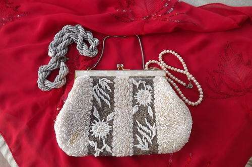 Vintage Evening Bag covered in beads and pearls - framework have mother of pearl inlays - 15x21cm