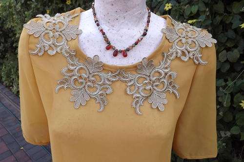 Beautiful Mustard colour sheer top by View with beautiful gold  decoration on front in size 32/8