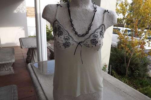 Vintage Stunning Cream Stretch Netting Camisole with Black Floral Embroidery by Intrigue-size 10/34
