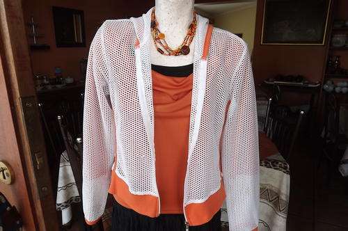 White Mesh Hooded Jacket with Orange Colour Ribbing and edging in size 12/36 - zipped in front