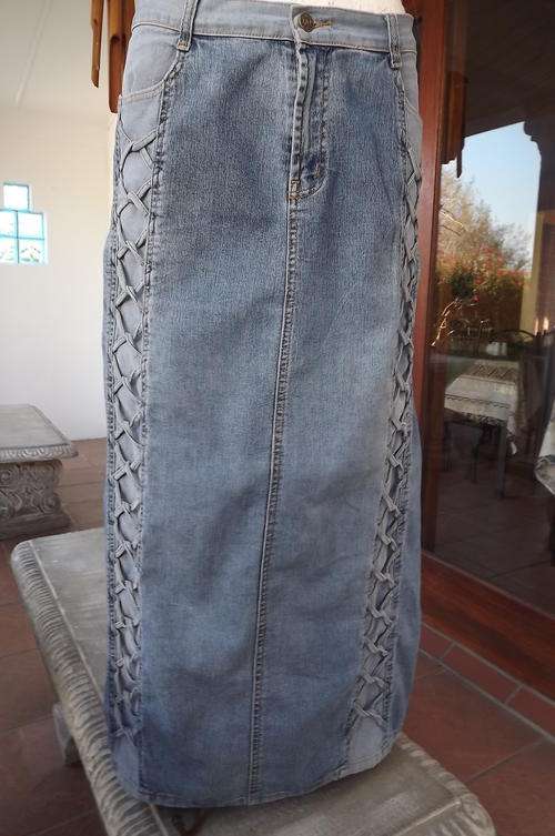 Maxi Big World Denim Skirt with Unique Decoration at sides in size 16/40-100% Cotton & some stretch