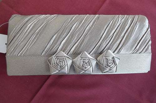 Silver Satin Evening Clutch Bag with Pretty Flower Decoration - chain sling included - 10.5x23.5cm