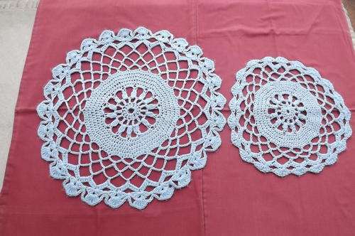 Set of Two Baby Blue Wool Crocheted Doilies - 29 cm and 43 cm Diameter.Good condition