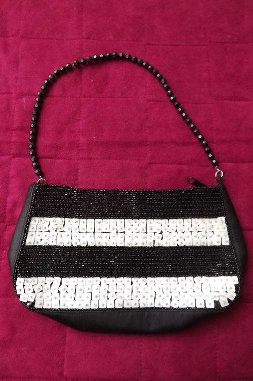 Black Satin Embellished Evening Bag with Bead Handle - 15x24cm - good condition