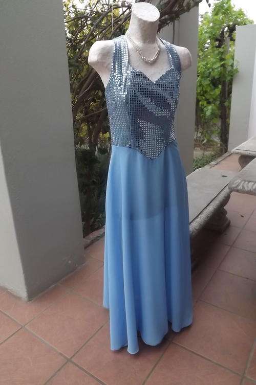 Pretty Full Length Caroline Blue Evening Dress with Sequined Top & Wide Skirt in size 10/34-as new